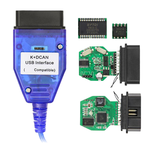 Interface BMW K+DCAN bleue avec commutateur et vues du circuit électronique et de la puce FTDI FT232RL.