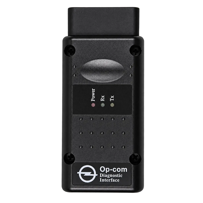 Interface de diagnostic OPCOM 1.95 pour Opel et Vauxhall, vue de face avec voyants Power, Rx et Tx.