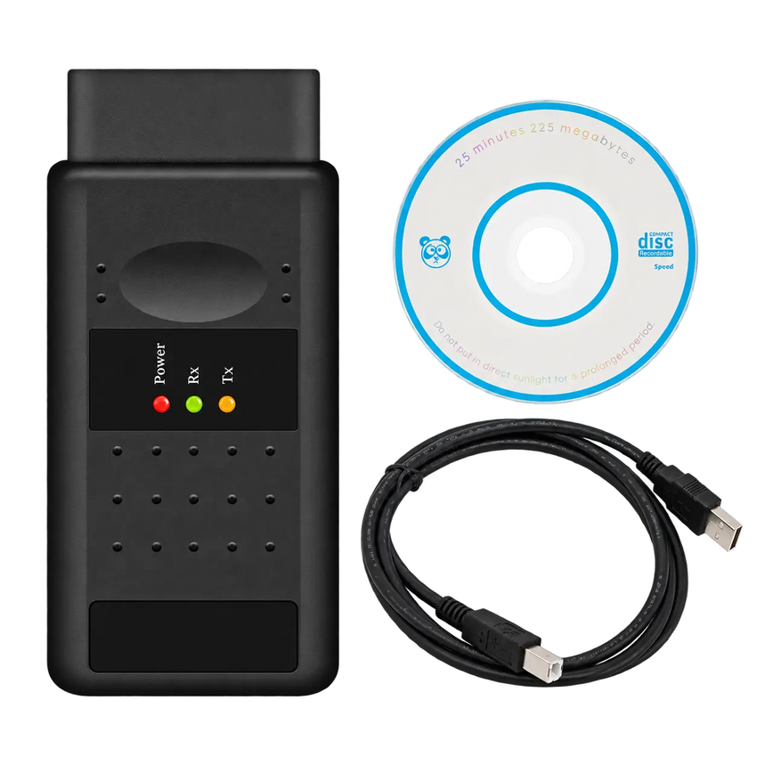 Pack de diagnostic OPCOM 1.95 pour Opel et Vauxhall comprenant l’interface, le câble USB et le CD logiciel.