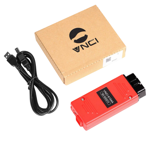 Interface de diagnostic VNCI 6154A rouge avec son câble USB et sa boîte VNCI