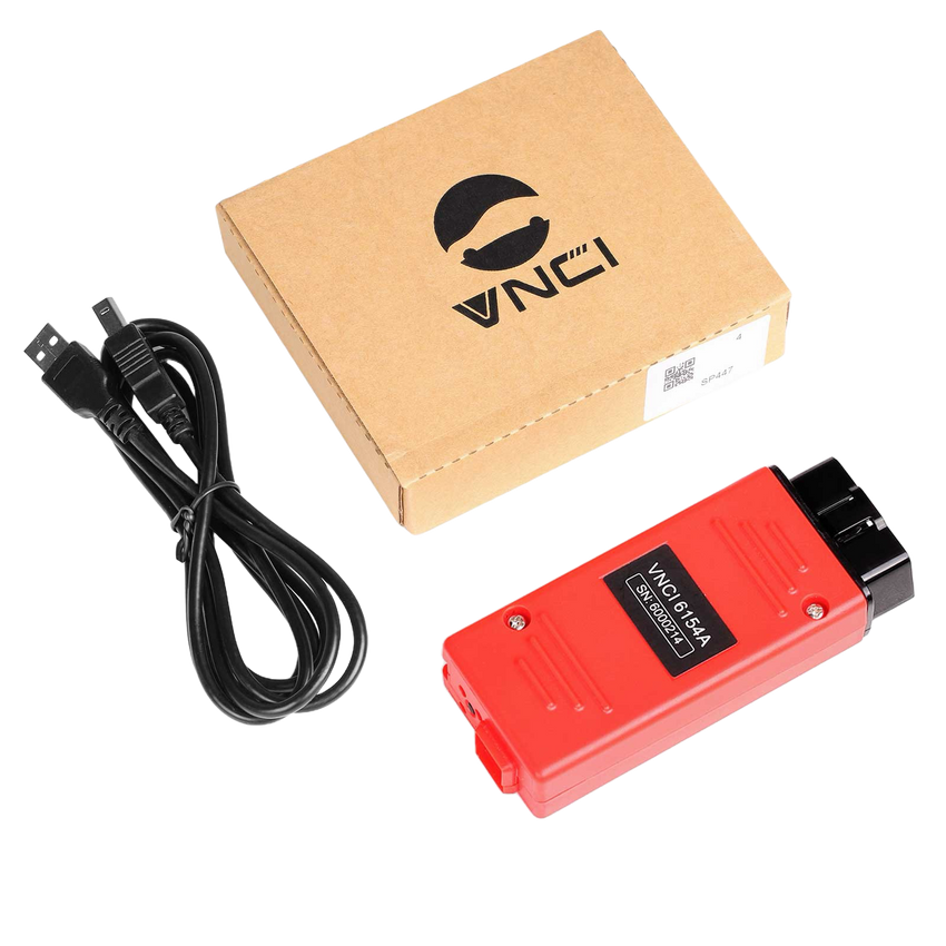 Interface de diagnostic VNCI 6154A rouge avec son câble USB et sa boîte VNCI