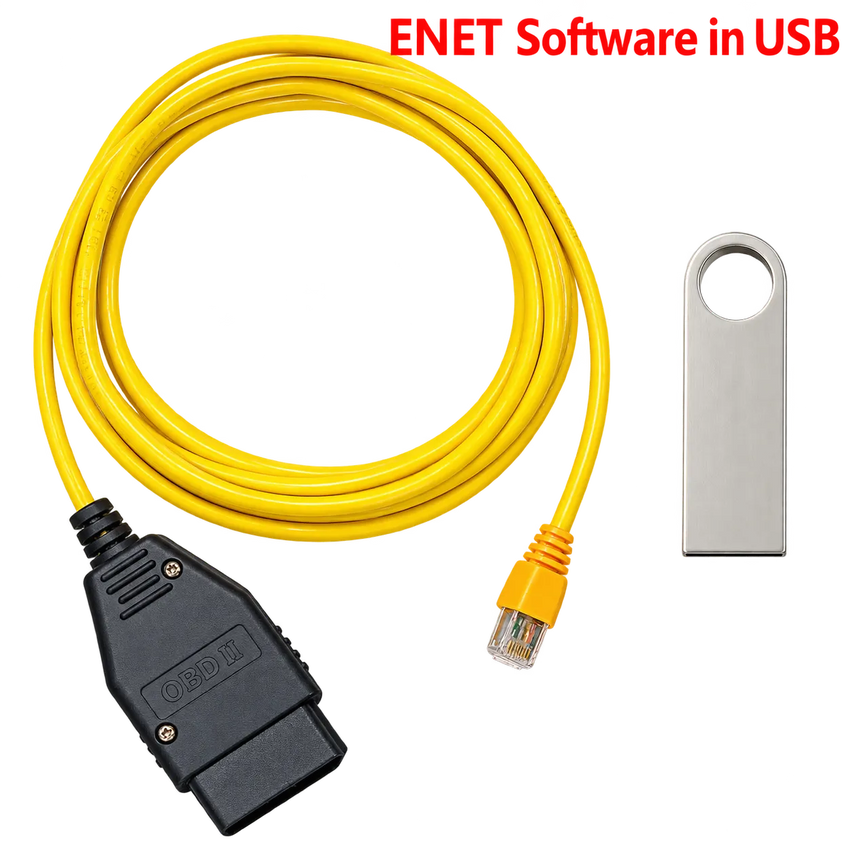Pack comprenant un câble ENET BMW jaune avec prises OBD2 et Ethernet, accompagné d’une clé USB contenant E-Sys.