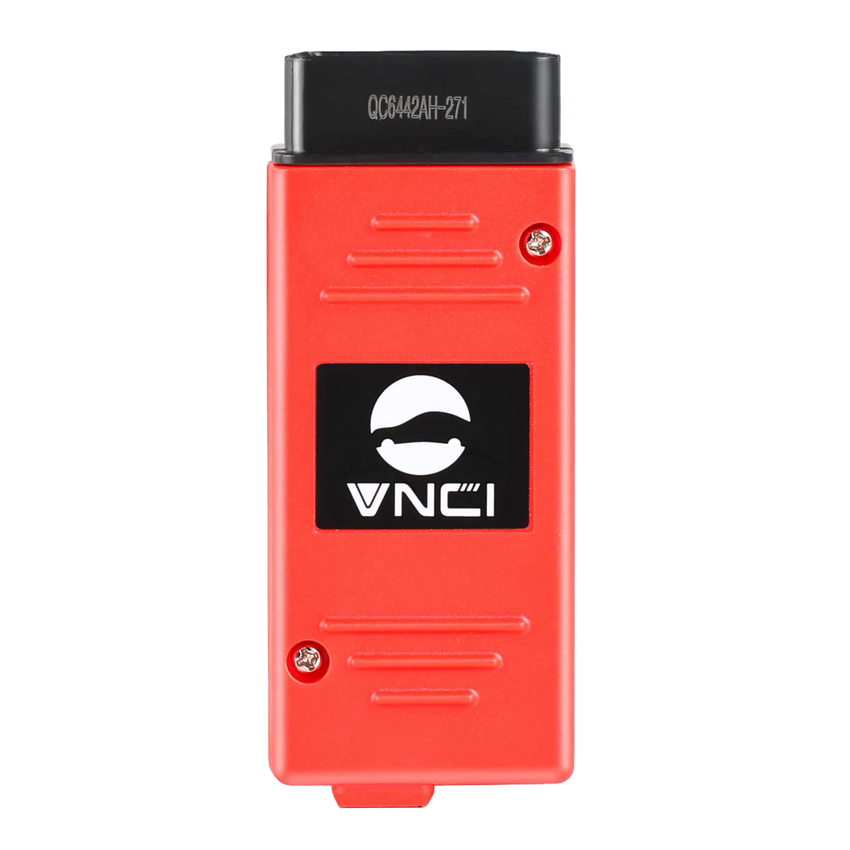 Interface de diagnostic VNCI 6154A rouge vue de face avec connecteur OBD