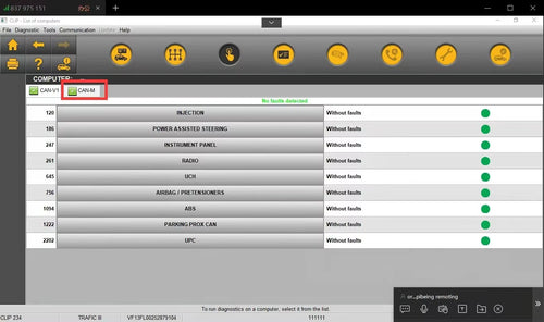 Écran du logiciel de diagnostic Renault CAN CLIP v214